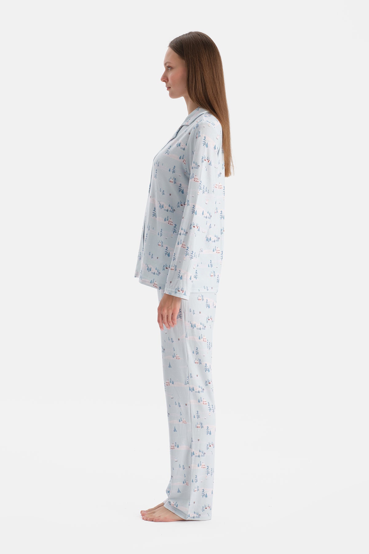 Açık Mavi Baskılı Termal Gömlek Pantolon Pijama Takımı