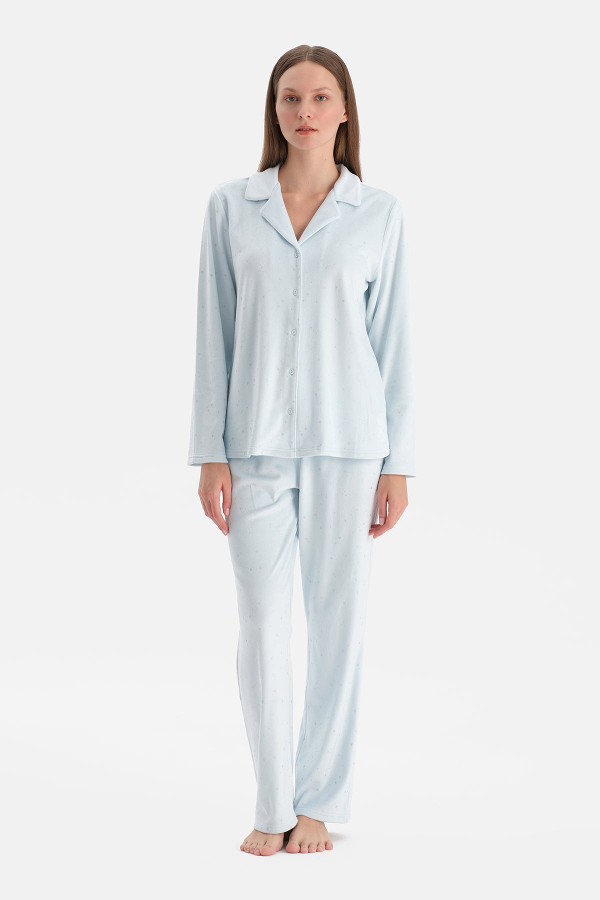 Açık Mavi Varaklı Kadife Gömlek Pantolon Pijama Takımı