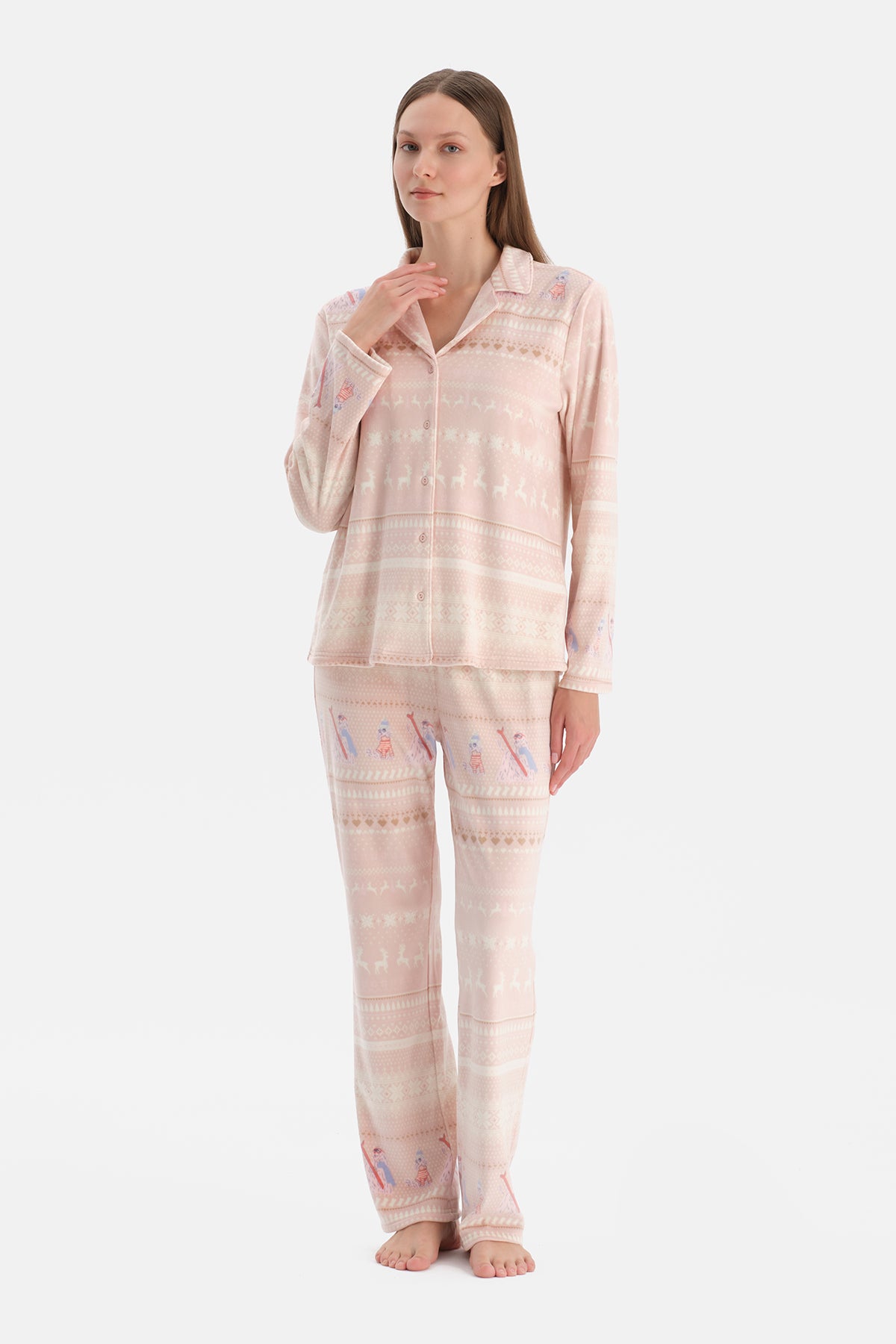 Sütlü Kahve Baskılı Kadife Gömlek Pantolon Pijama Takımı