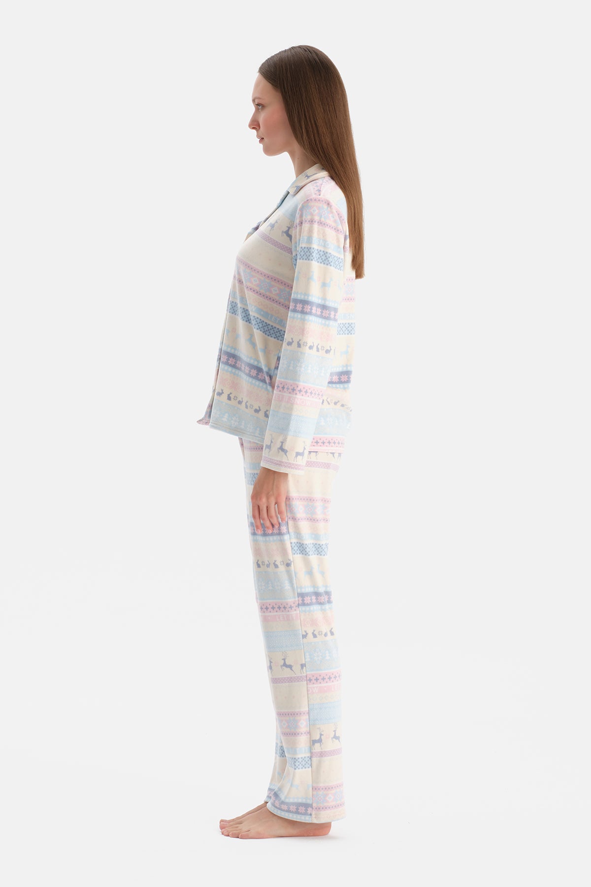 Multicolor Baskılı Kadife Gömlek Pantolon Pijama Takımı