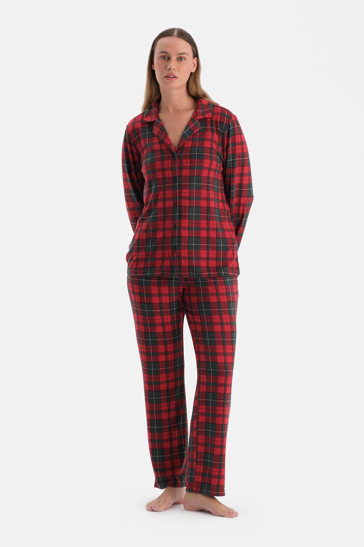 Kırmızı Ekoseli Termal Gömlek Pantolon Pijama Takımı