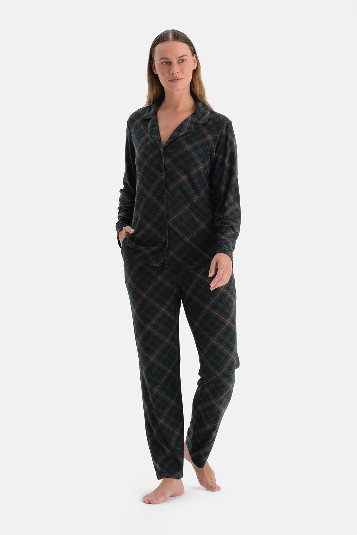 Koyu Yeşil Ekoseli Termal Gömlek Pantolon Pijama Takımı