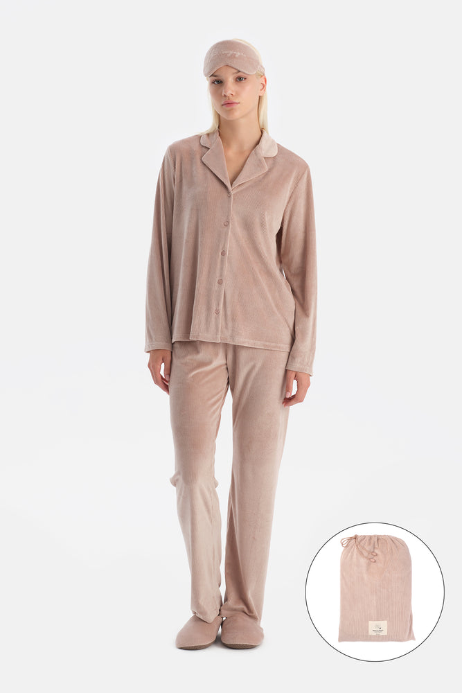Mürdüm Travel Ribli Kadife Gömlek Pantolon Pijama Seti