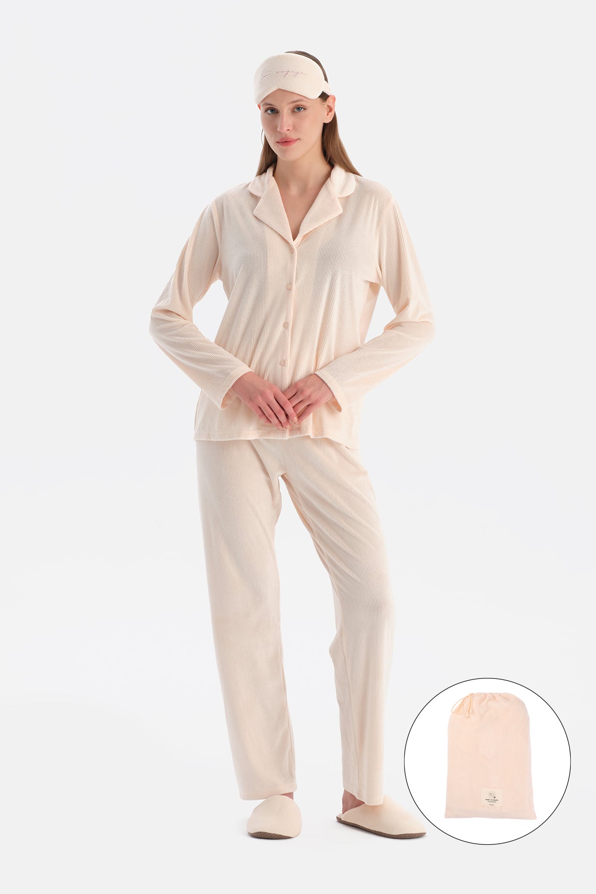 Açık Pembe Travel Ribli Kadife Gömlek Pantolon Pijama Seti