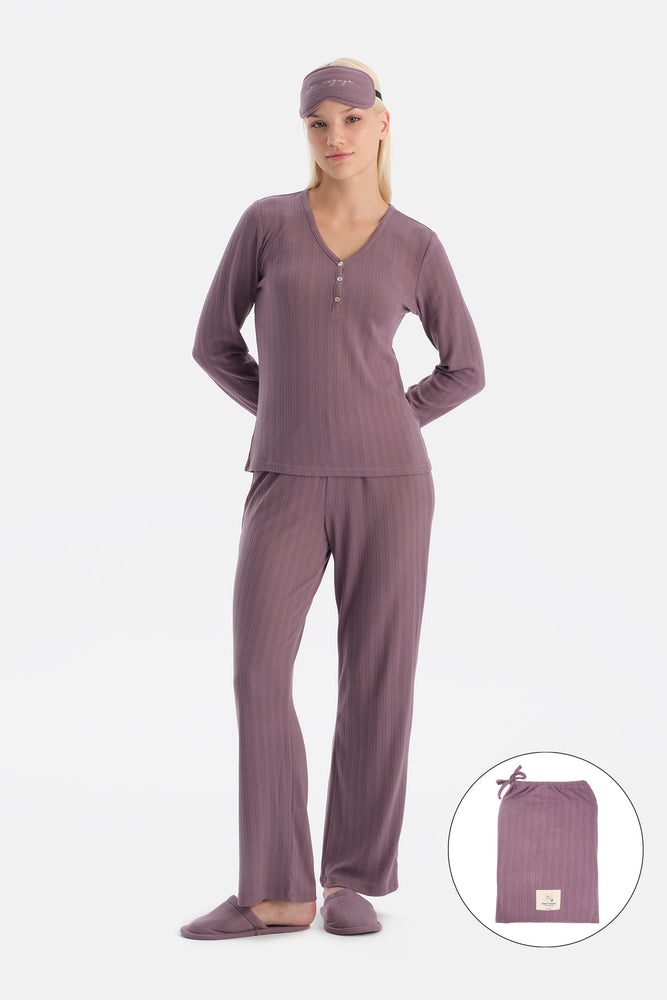 Mürdüm Travel Pointel V Yaka Tişört Pantolon Pijama Seti