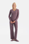 Mürdüm Travel Pointel V Yaka Tişört Pantolon Pijama Seti