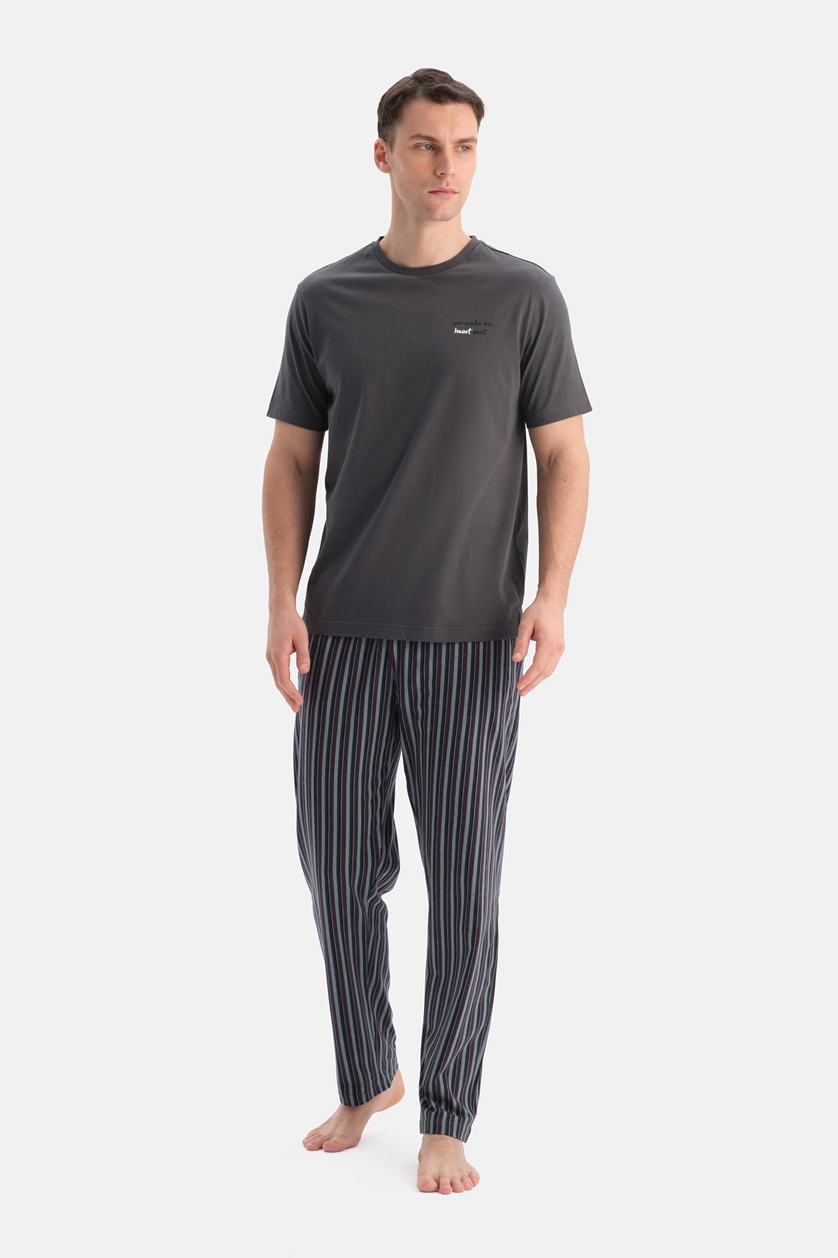 Füme Kısa Kollu Bisiklet Yaka Altı Çizgi Metraj Baskılı Pijama Takımı