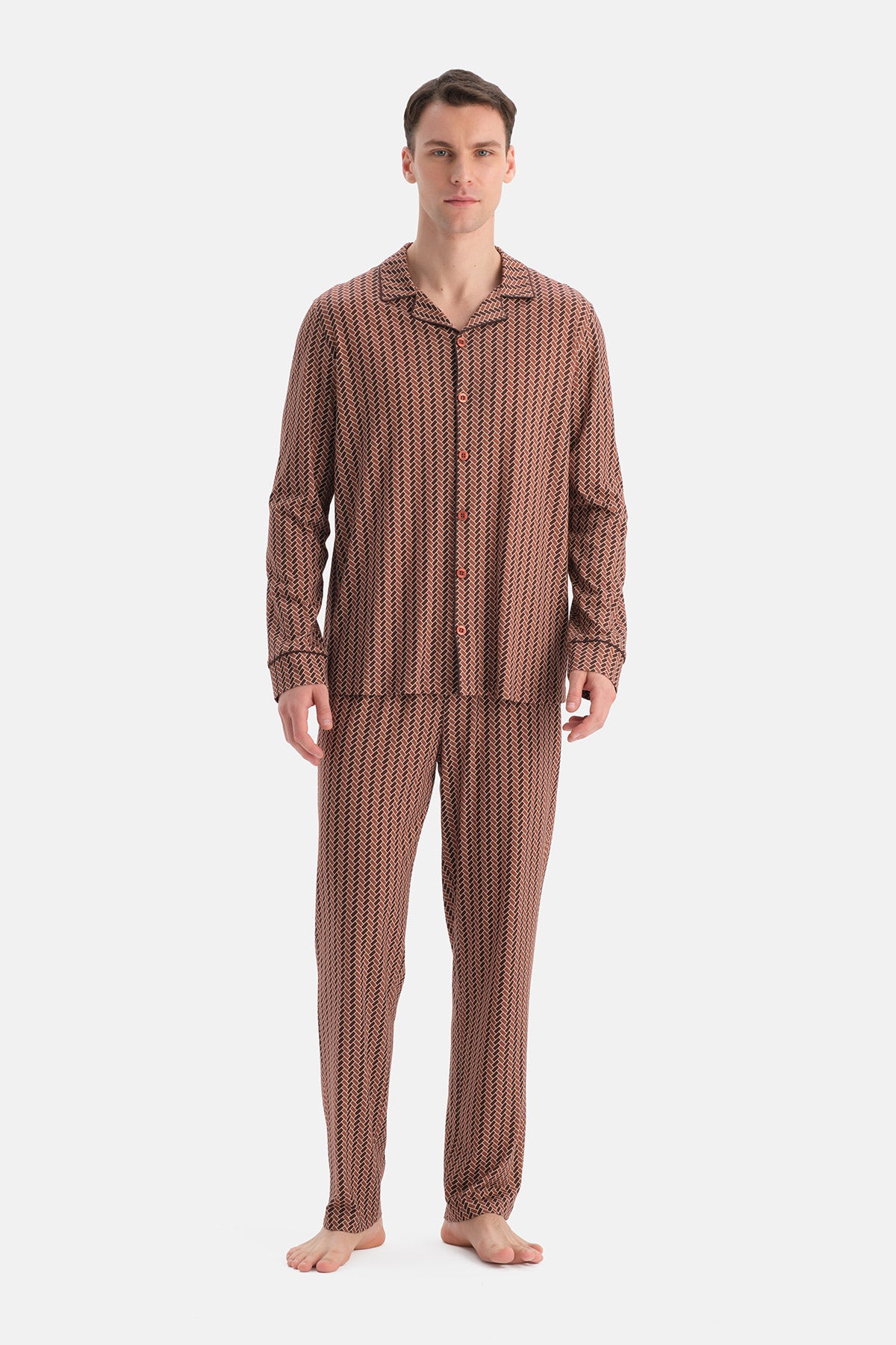 Multicolor Geometrik Desenli Pamuk Modal Gömlek Pantolon Takım