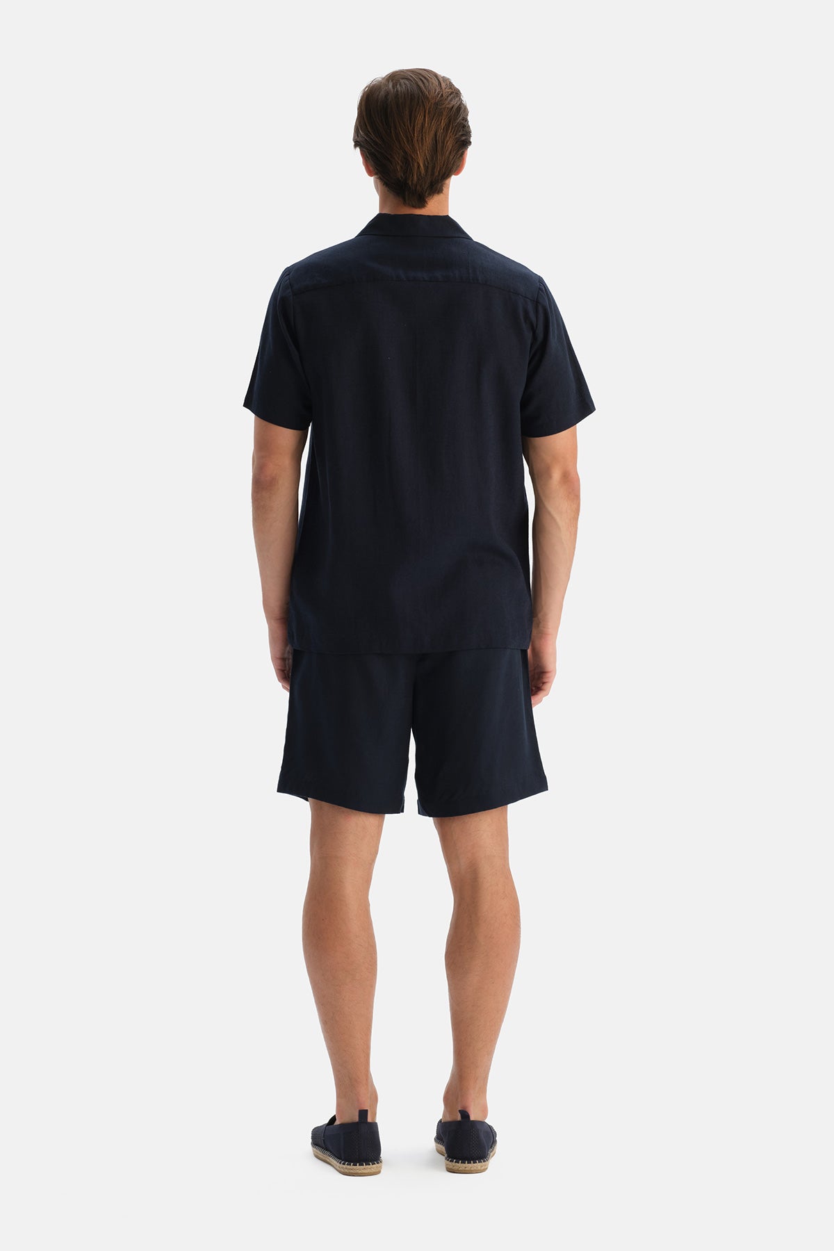 Lacivert Kısa Kollu Keten Lyocell Karışımlı Gömlek