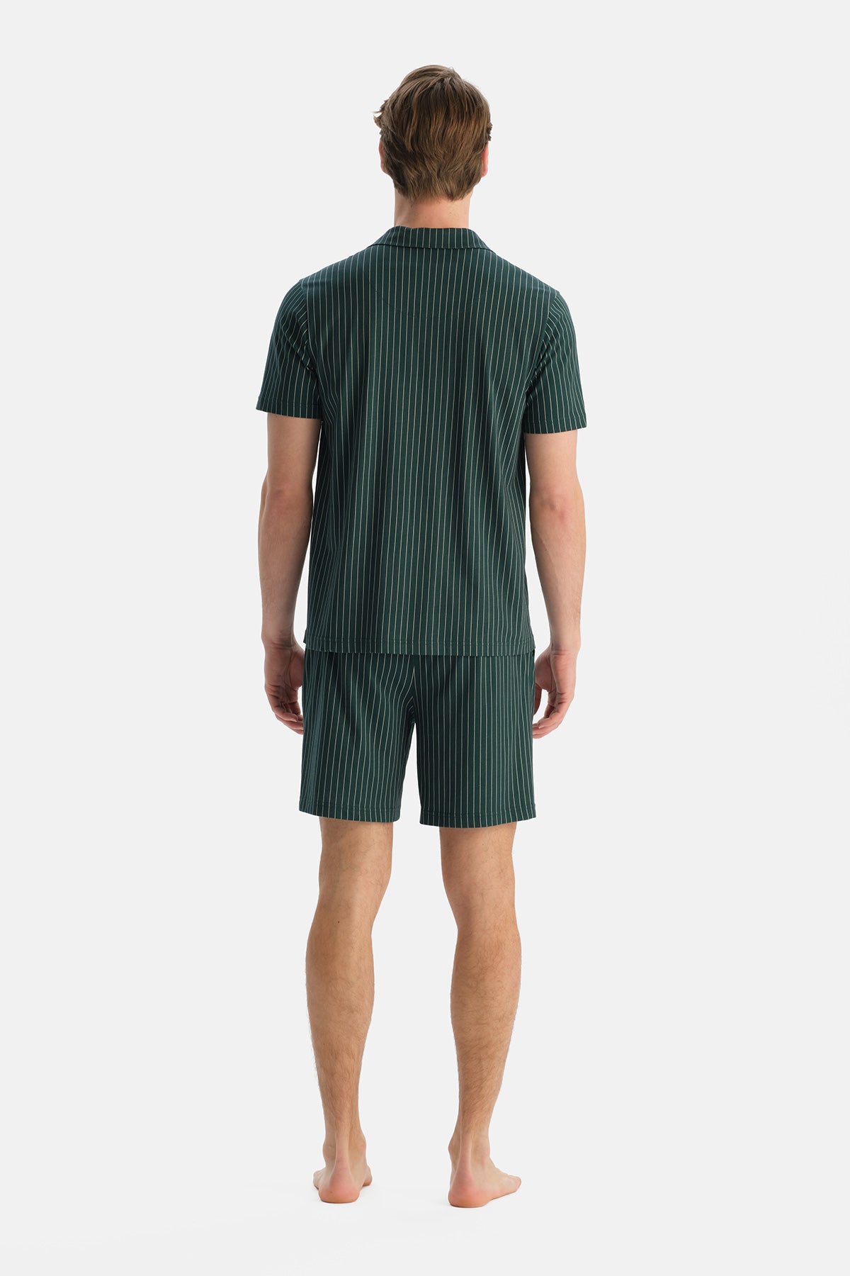 Petrol Yeşili Çizgili Kısa Kollu Gömlek Şort Takım