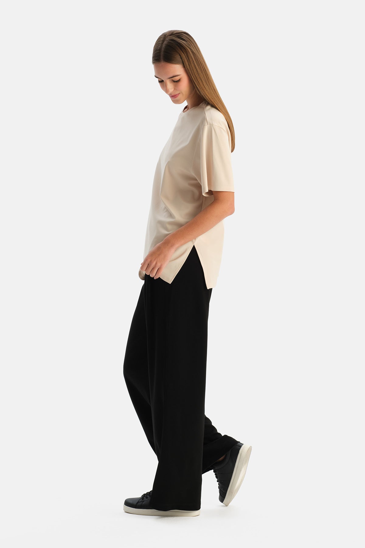 Siyah Rib Rayon Karışımlı Bol Paça Pantolon