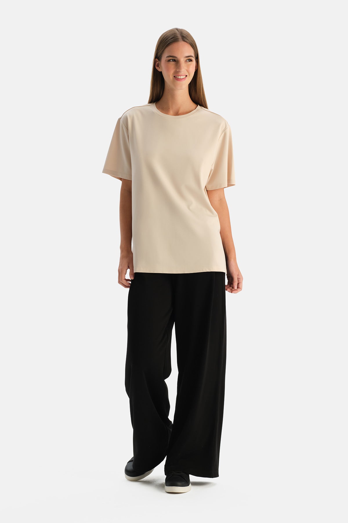 Siyah Rib Rayon Karışımlı Bol Paça Pantolon