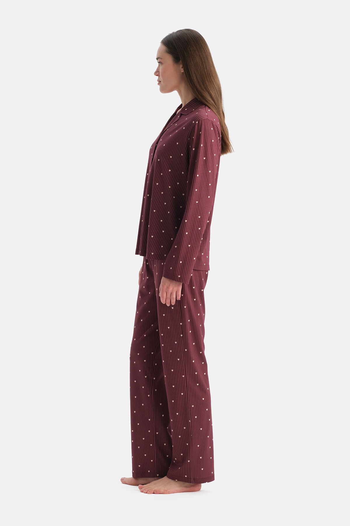 Mürdüm Çizgili Pamuk Modal Gömlek Pijama Takımı