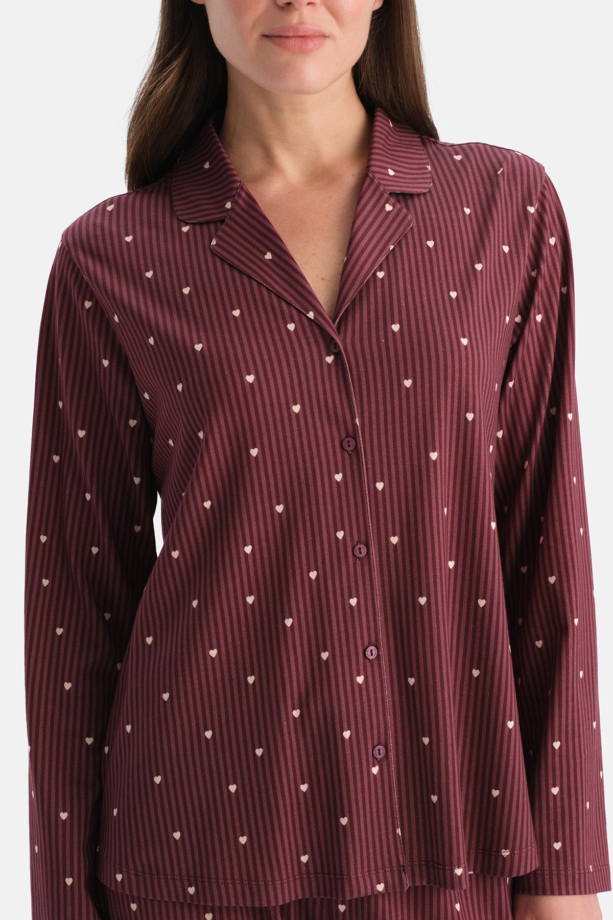 Mürdüm Çizgili Pamuk Modal Gömlek Pijama Takımı
