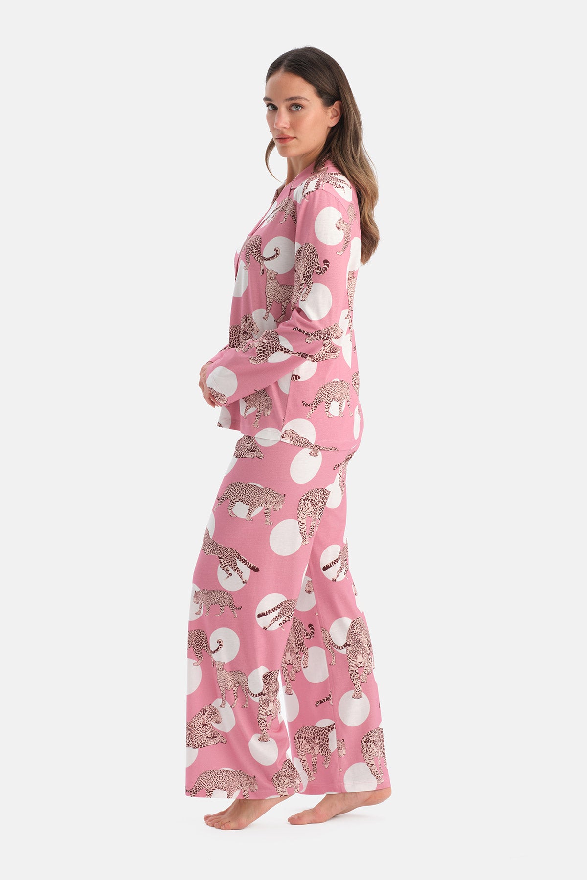 Pembe Leopar Desenli Pamuk Modal Gömlek Pijama Takımı