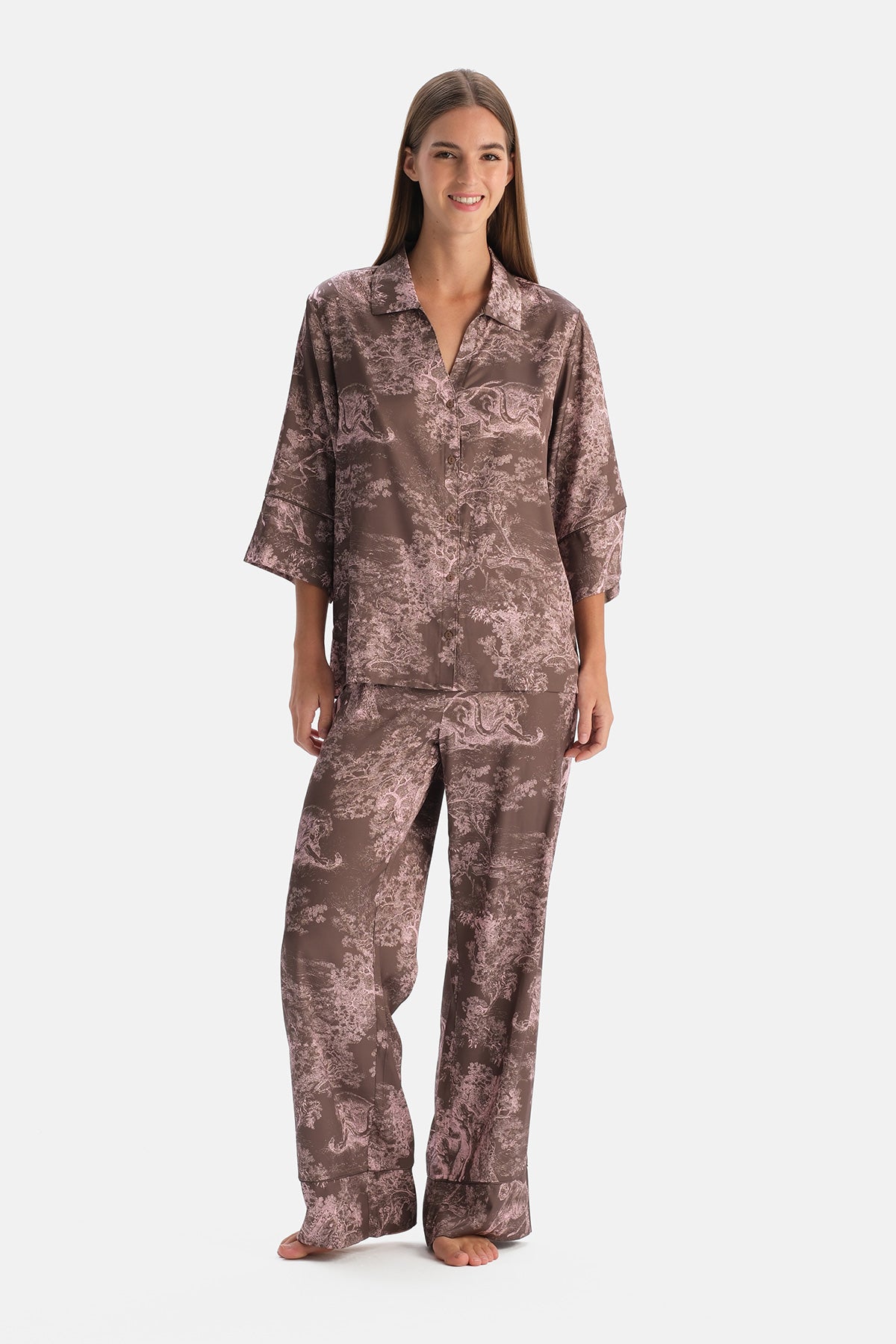 Multicolor Truvakar Kollu Dokuma Gömlek Pijama Takımı