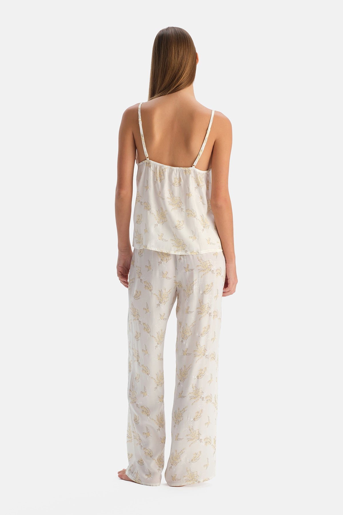 Kırık Beyaz Çiçek Desenli Dokuma Atlet Pijama Takımı