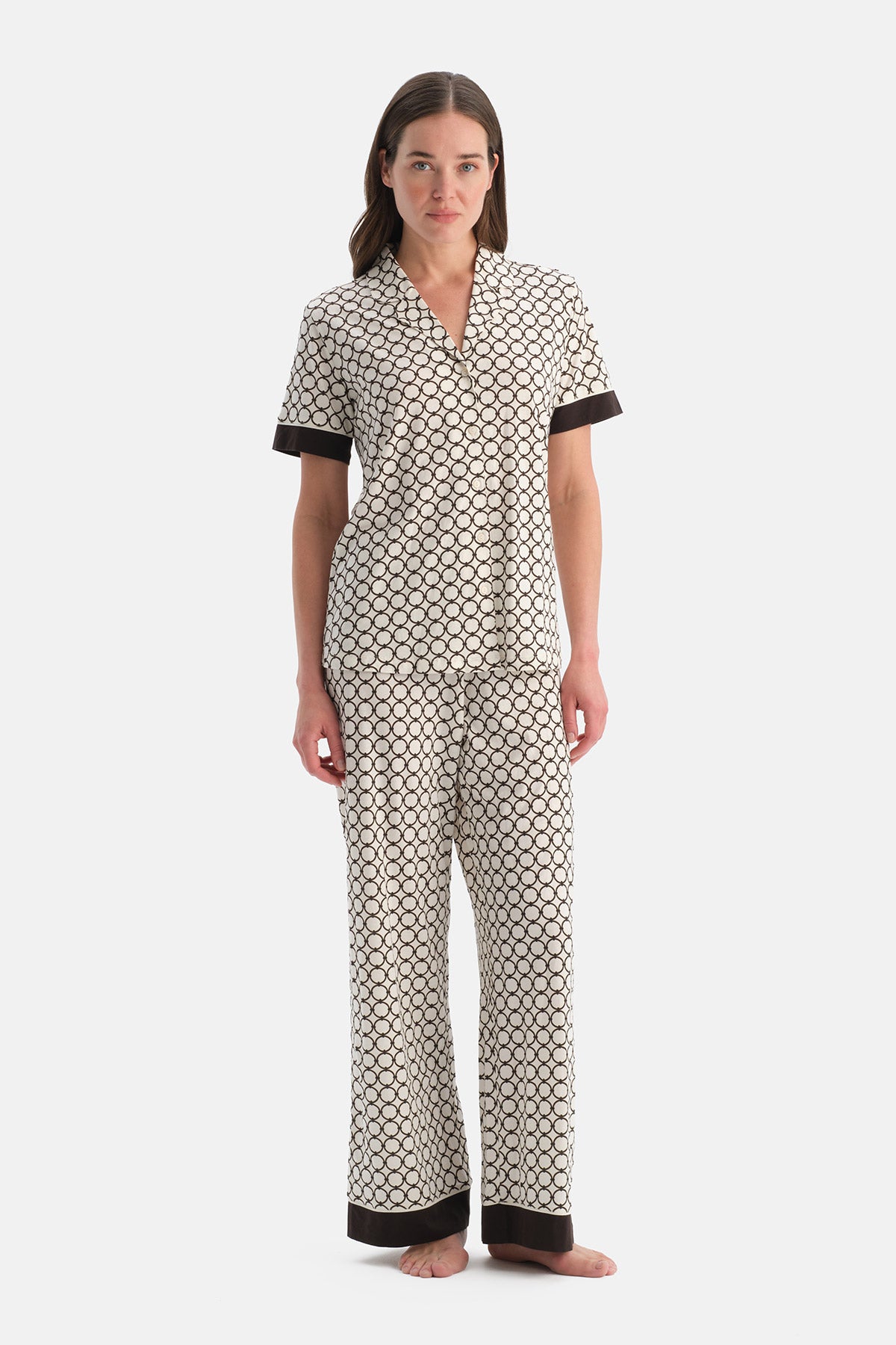 Ekru Geometrik Desenli Pamuk Modal Pijama Takımı