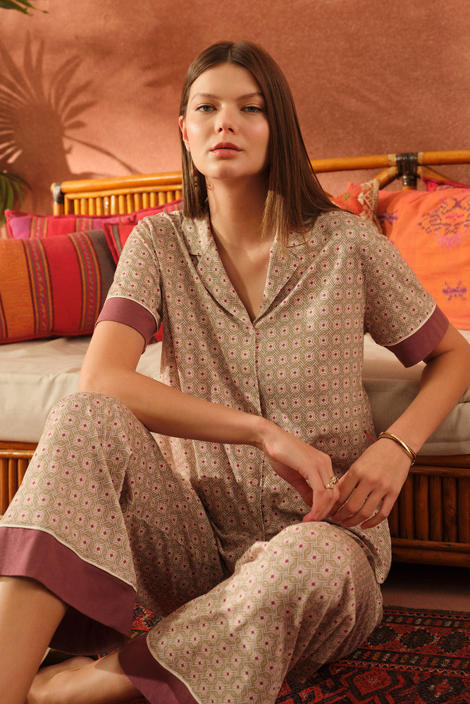 Multicolor Geometrik Desenli Pamuk Modal Gömlek Pijama Takımı