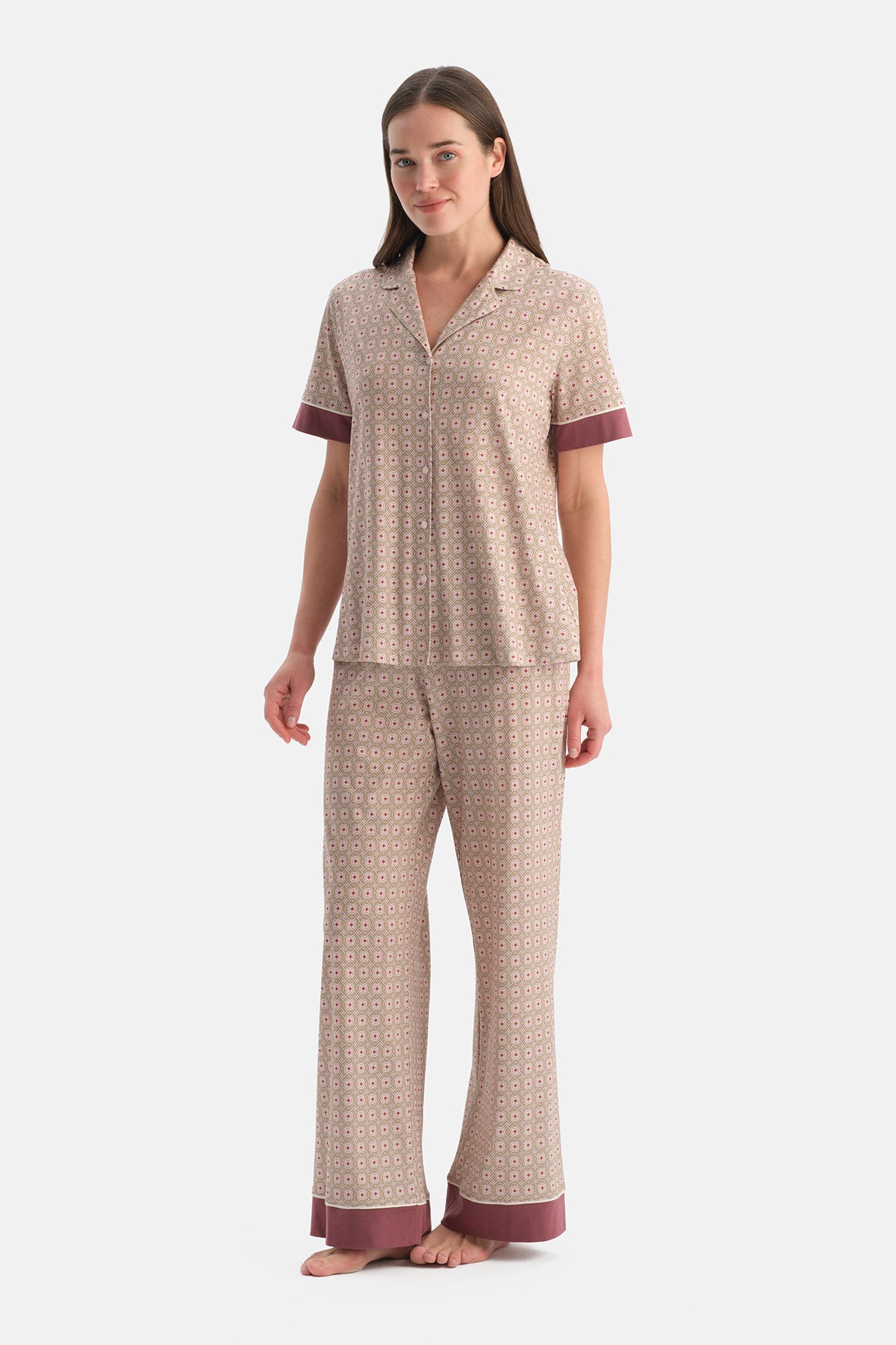 Multicolor Geometrik Desenli Pamuk Modal Gömlek Pijama Takımı