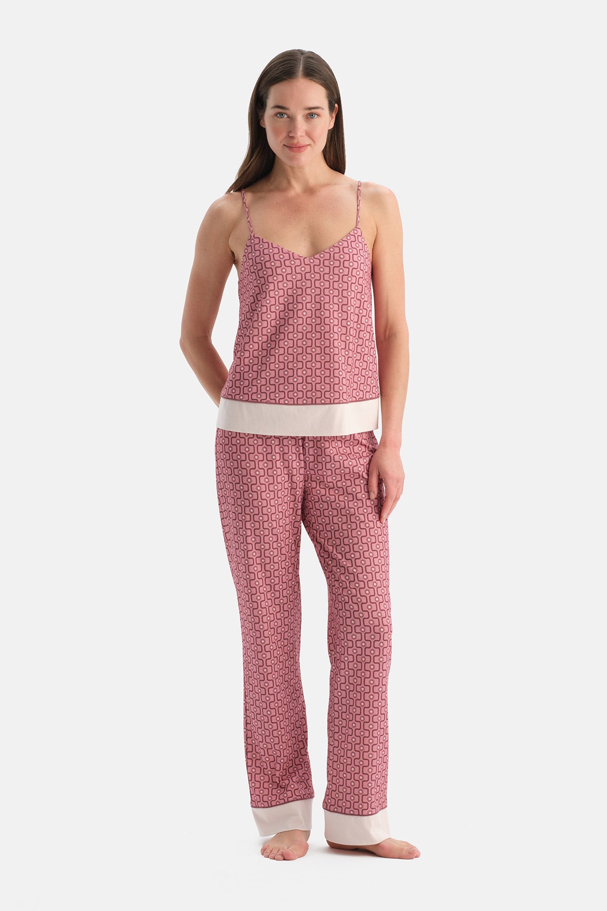 Pembe Geometrik Desenli Pamuk Modal Atlet Pantolon Pijama Takımı