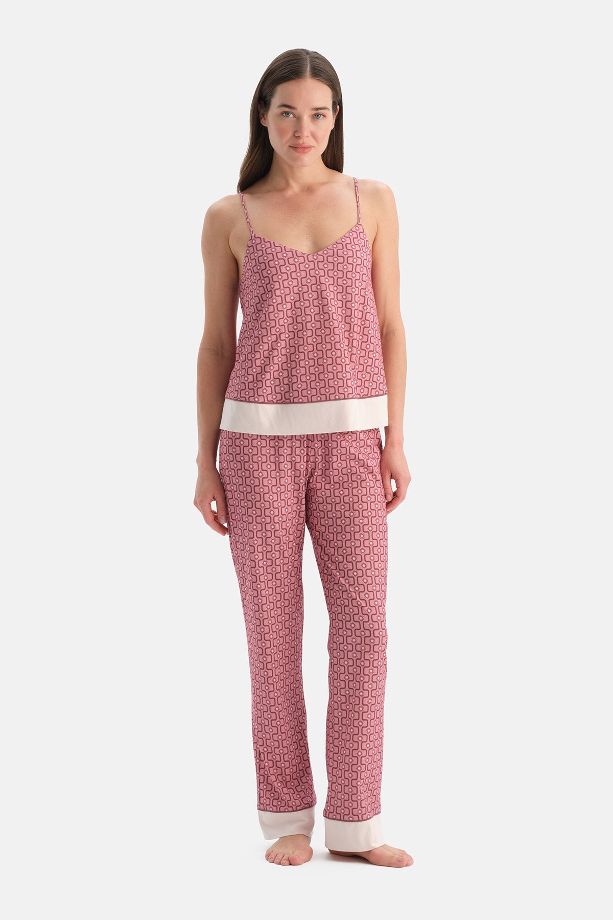 Pembe Geometrik Desenli Pamuk Modal Atlet Pantolon Pijama Takımı