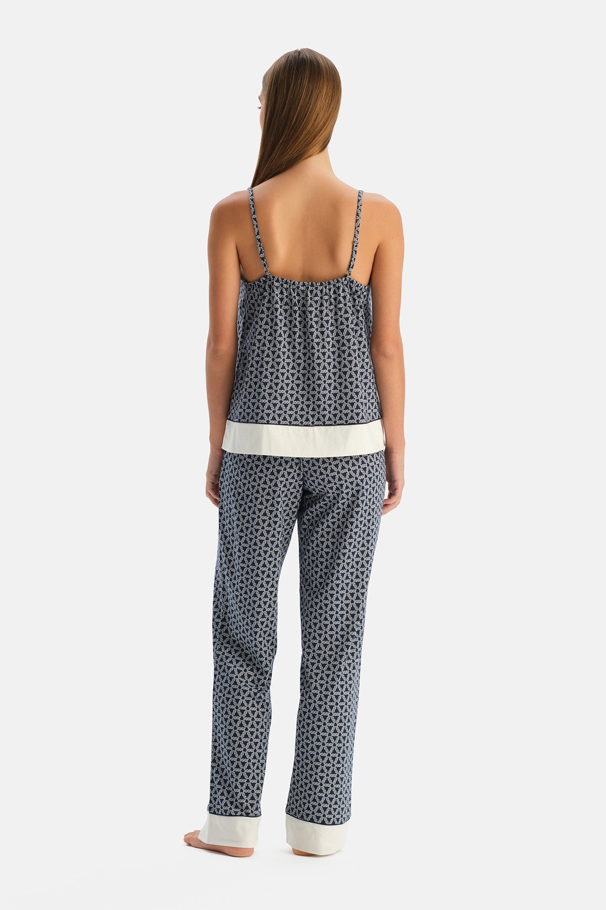 Lacivert Geometrik Desenli Pamuk Modal Atlet Pantolon Pijama Takımı