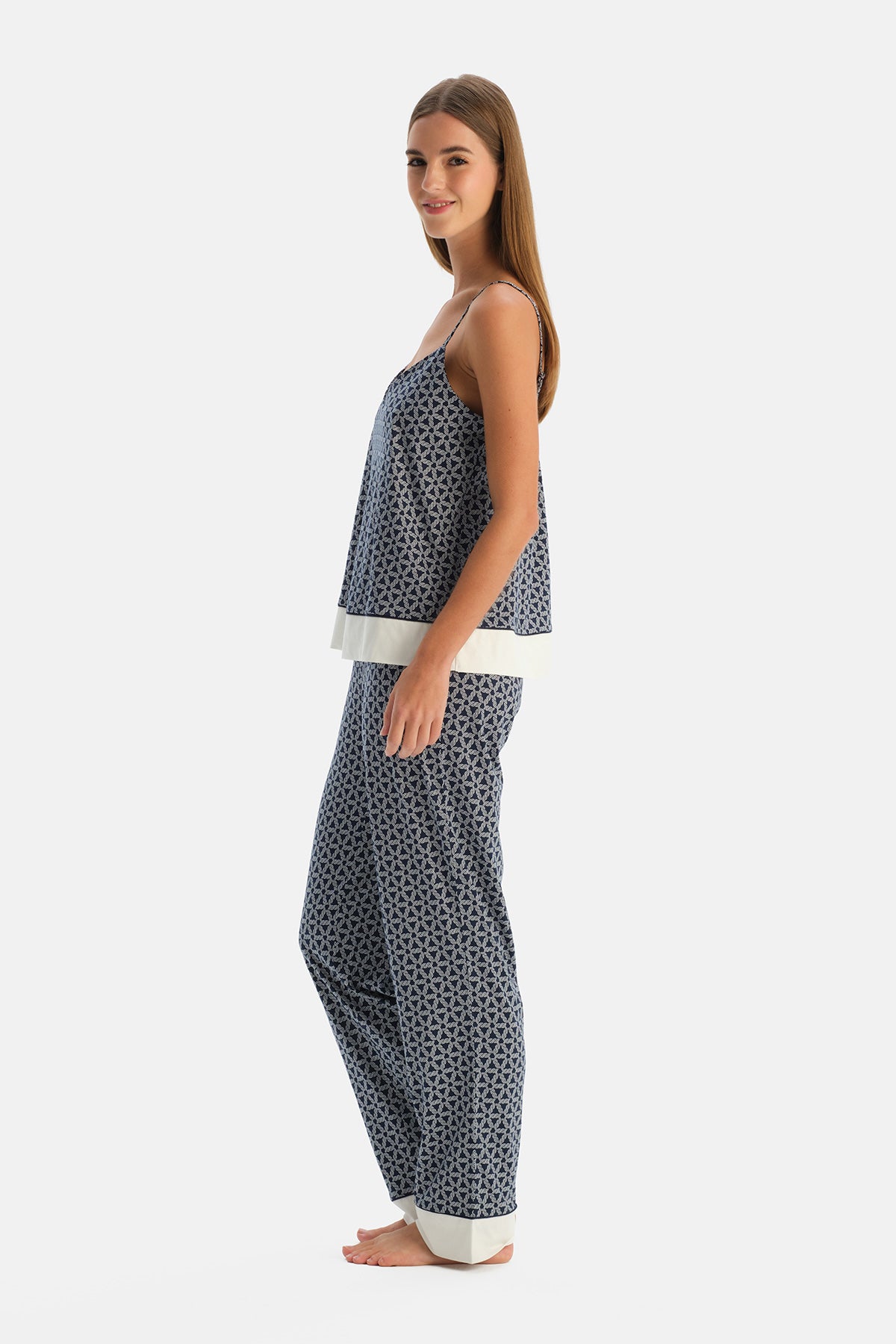 Lacivert Geometrik Desenli Pamuk Modal Atlet Pantolon Pijama Takımı
