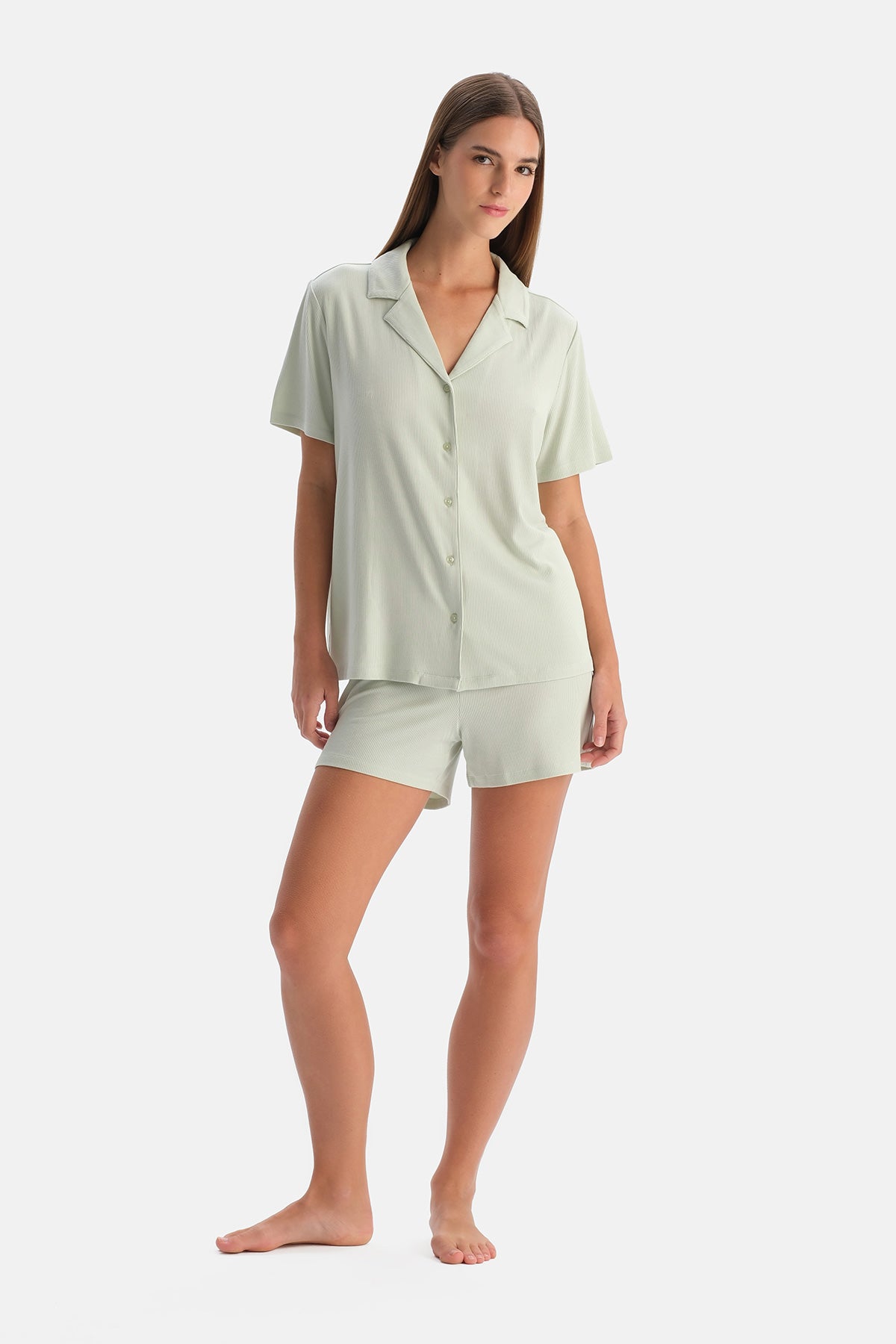 Su Yeşili Modal Ribana Gömlek Şort Pijama Takımı
