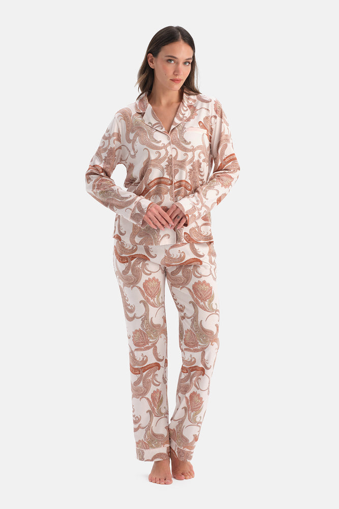 Açık Pembe Şal Desenli Penye Modal Gömlek Pantolon Pijama Takımı