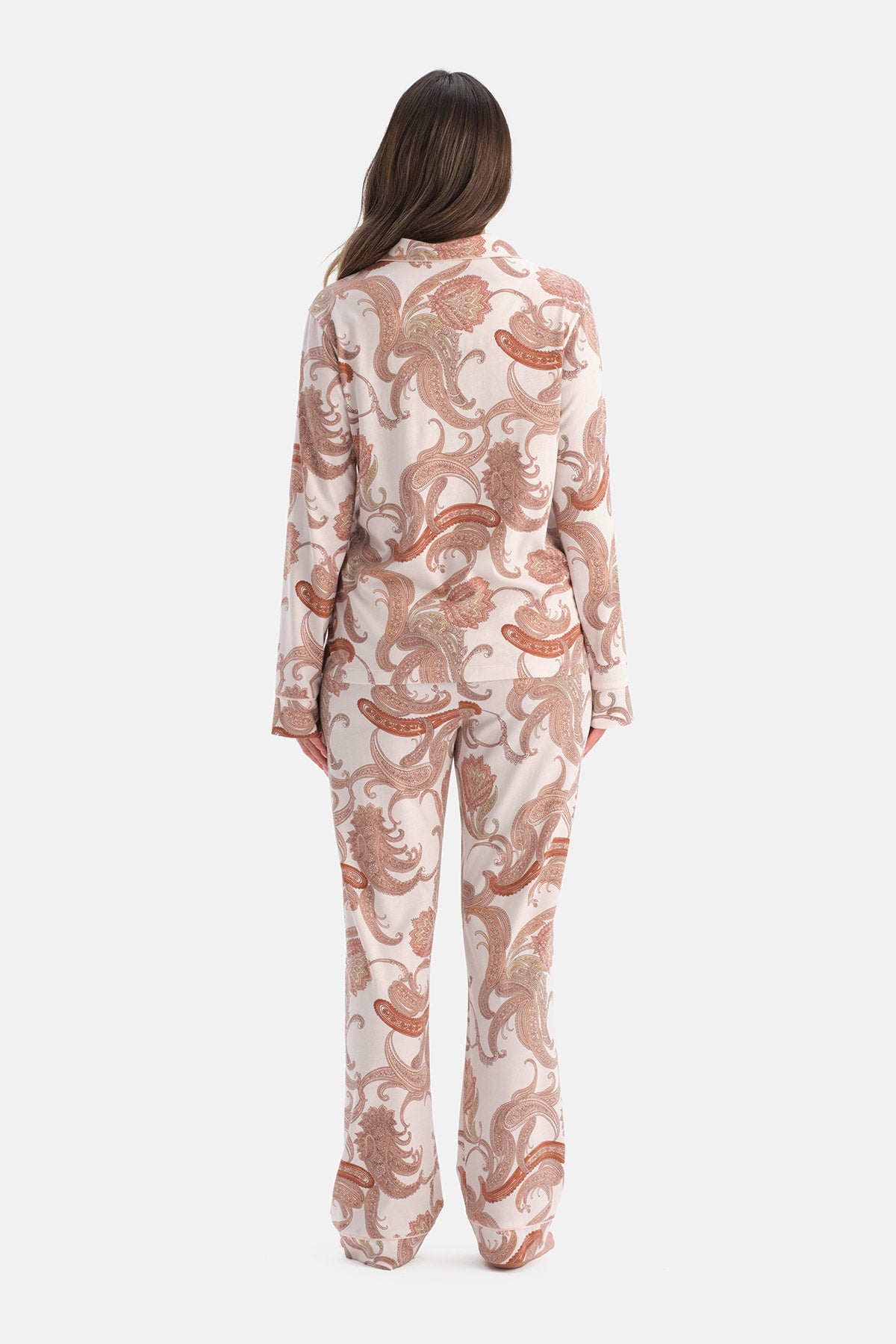 Açık Pembe Şal Desenli Penye Modal Gömlek Pantolon Pijama Takımı