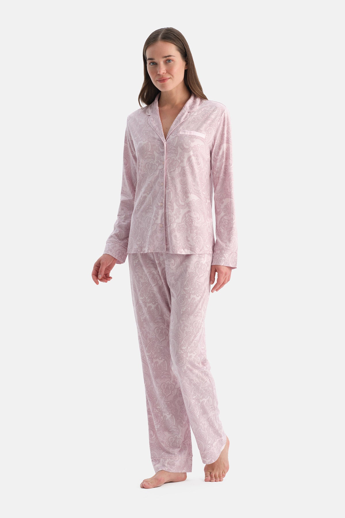 Açık Pembe Şal Desenli Gömlek Pantolon Takım