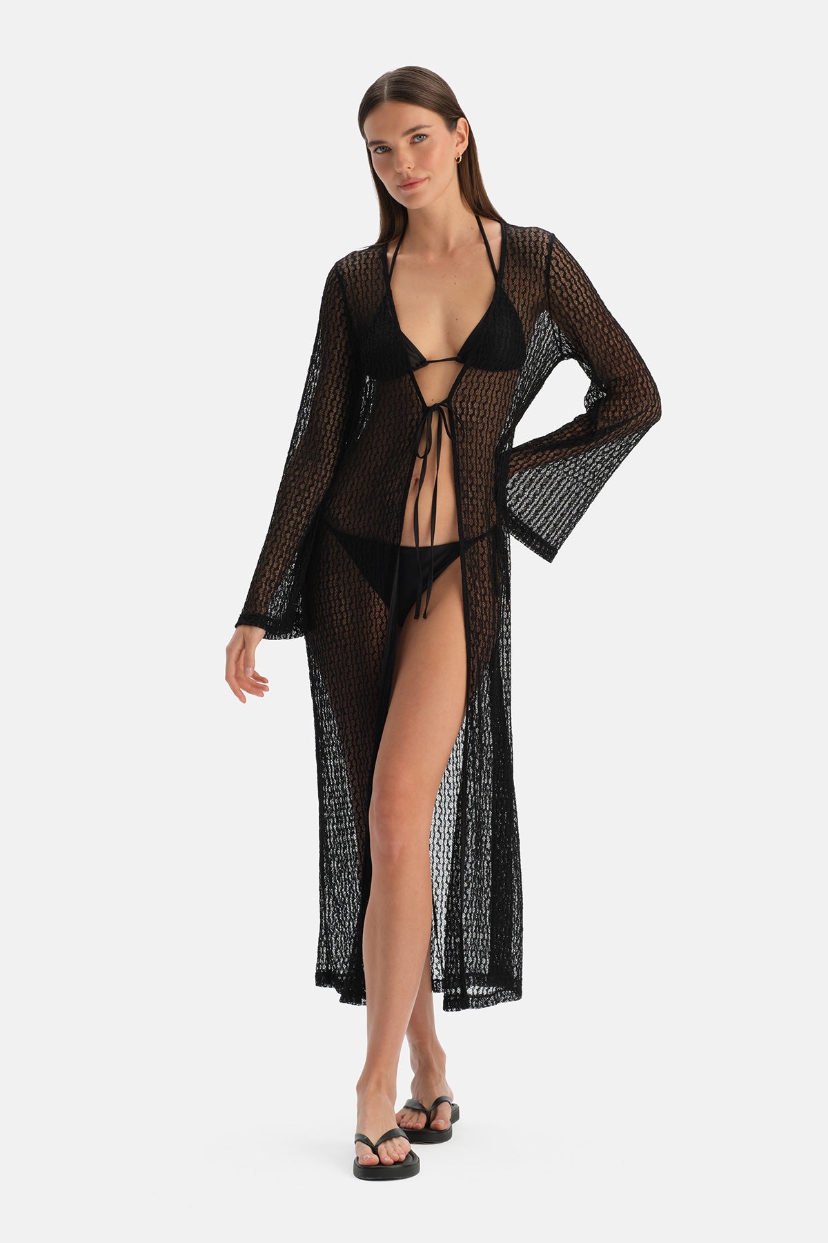 Siyah Dantelli Uzun Kimono