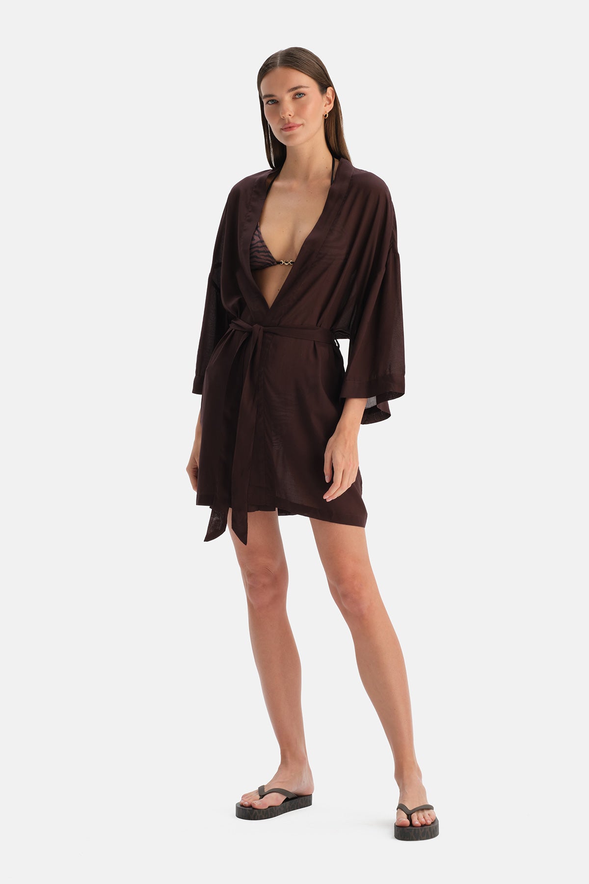 Kahverengi Kahverengi Kısa Kimono