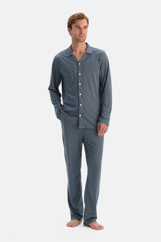 Indigo Geometrik Baskılı Gömlek Pantolon Takım