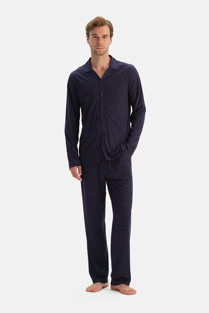 Mürdüm Geometrik Baskılı Gömlek Pantolon Takım