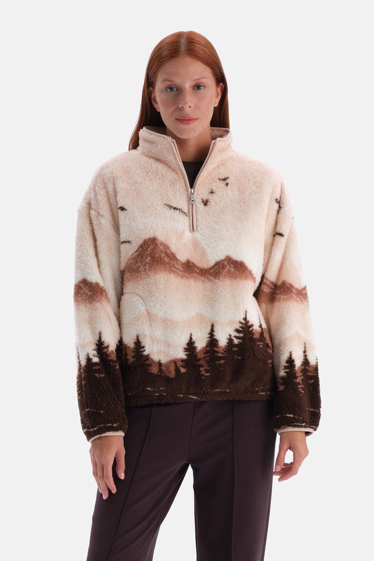 Multicolor Kadın Yarım Fermuarlı Manzara Desenli Sweatshirt