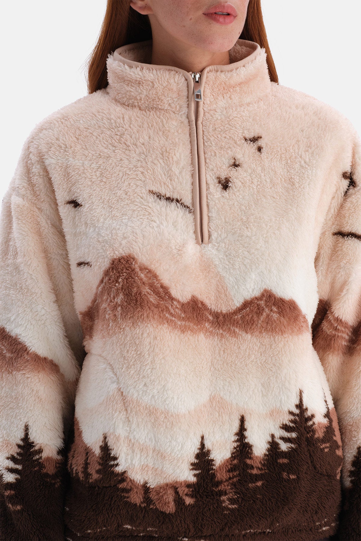 Multicolor Kadın Yarım Fermuarlı Manzara Desenli Sweatshirt