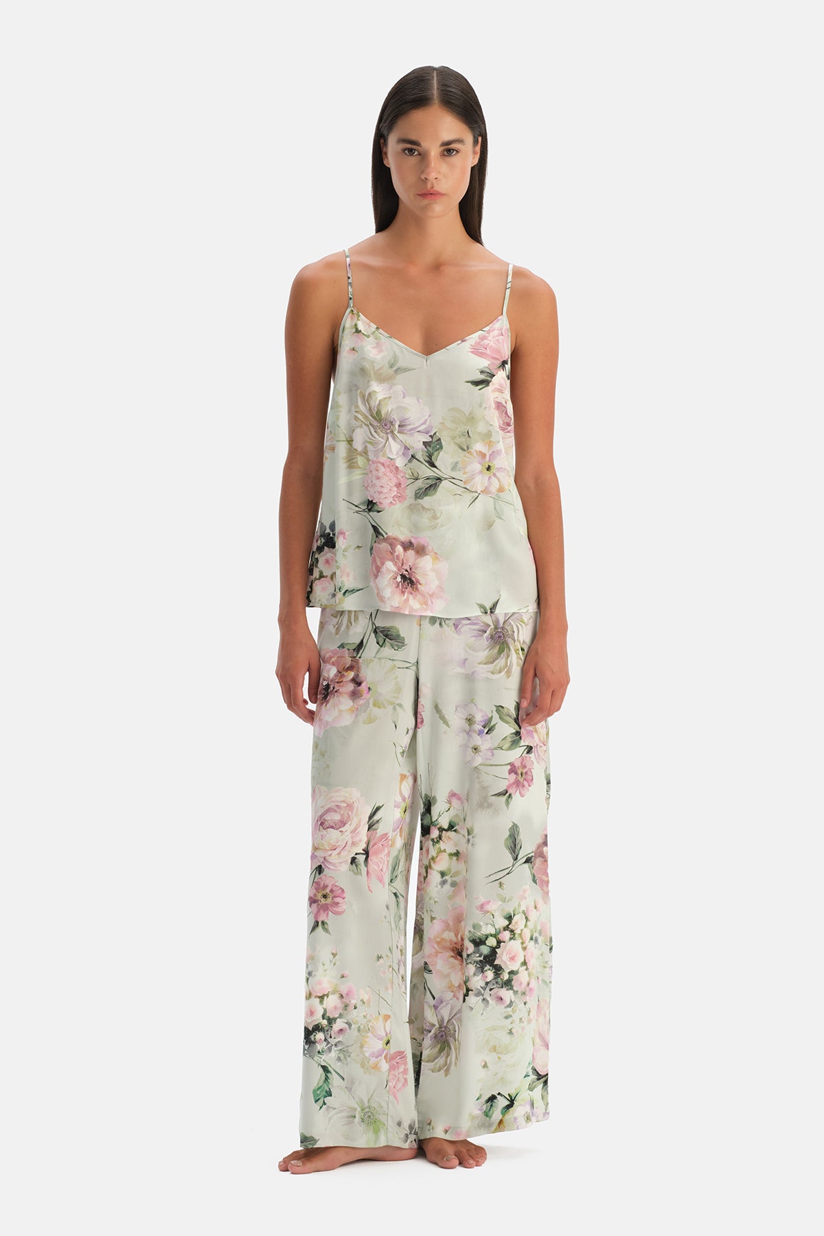 Ada Çayı Çiçek Desenli Dokuma Camisole Pantolon Takım