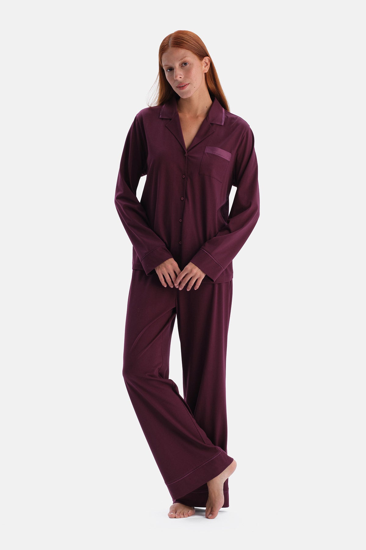 Mürdüm Penye Modal Saten Detaylı Gömlek Pantolon Takım