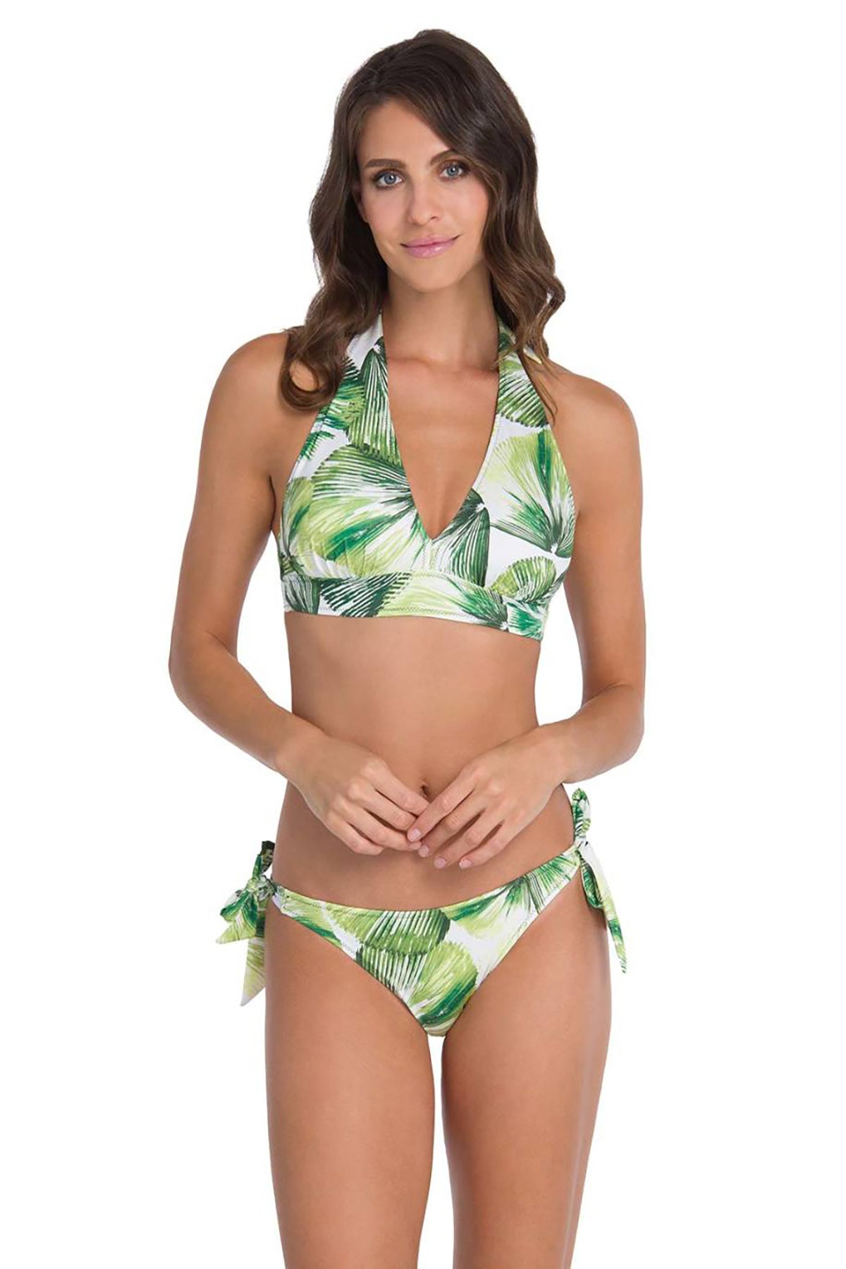 Yeşil Ince Yapraklı Boyun Askı Uzun Üçgen Bikini Takımı