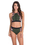 Yeşil Leopar Desenli Fermuarlı Büstiyer Bikini Takımı