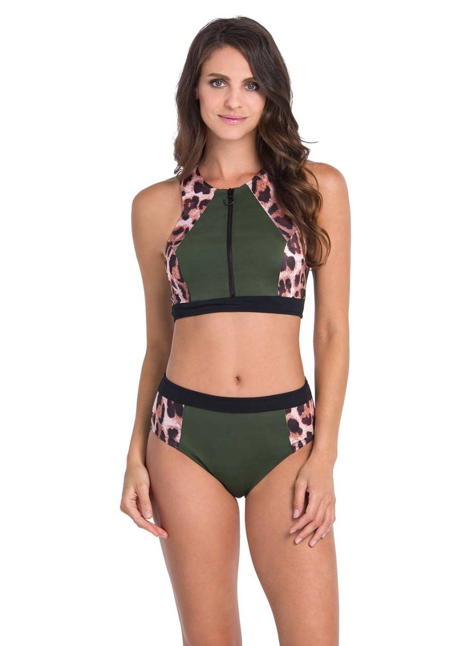 Yeşil Leopar Desenli Fermuarlı Büstiyer Bikini Takımı