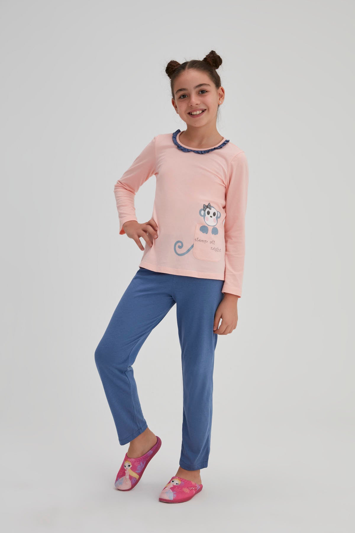 Somon Kız Çocuk Pamuk Maymun Baskılı O Yaka Pijama Takımı