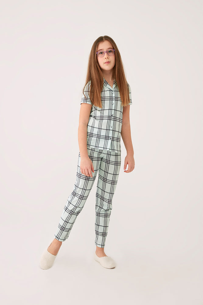 Yeşil Ekoseli Modal Kumaş Kız Çocuk Kısa Kol Pijama Takımı