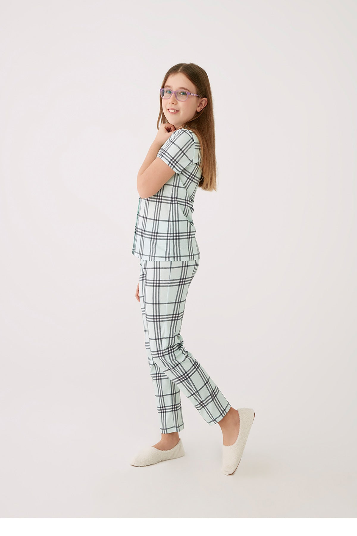 Yeşil Ekoseli Modal Kumaş Kız Çocuk Kısa Kol Pijama Takımı