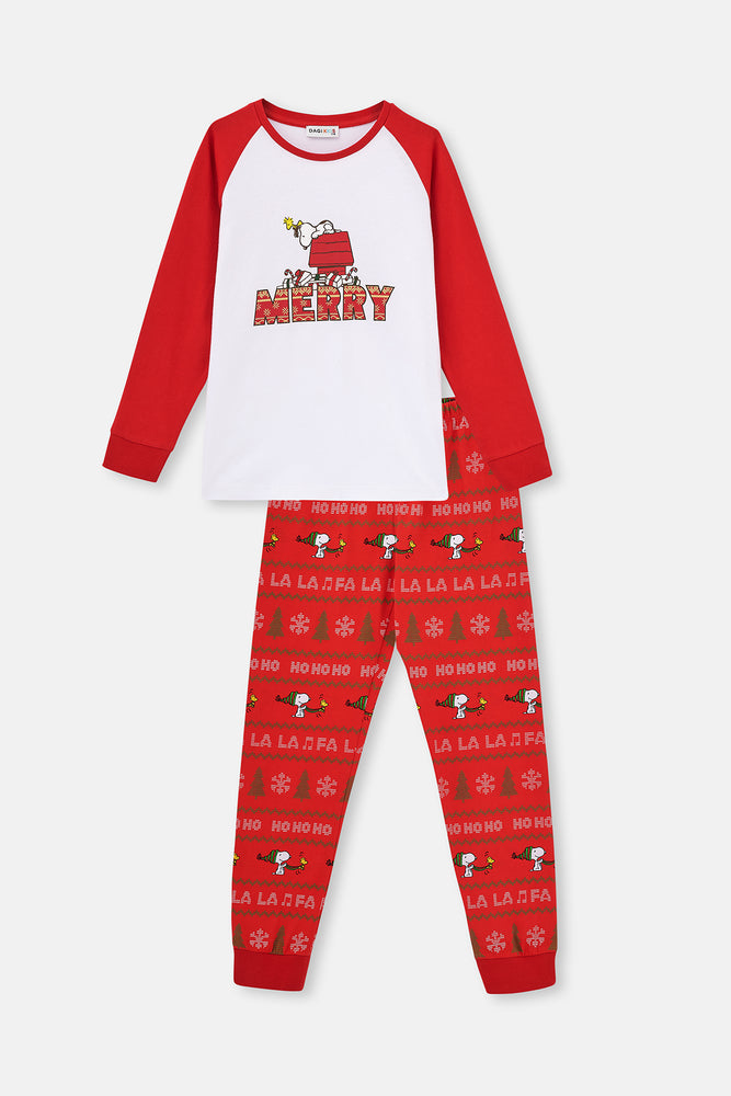 Kırmızı Kız Çocuk Snoopy Baskılı Lisanslı Pamuk Pijama Takımı