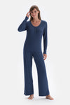 Indigo Ribli Kaşkorse Yuvarlak Yaka Örme Pijama Takımı