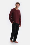 Bordo V Yaka Uzun Kollu Pamuklu Pijama Takımı