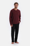 Bordo V Yaka Uzun Kollu Pamuklu Pijama Takımı